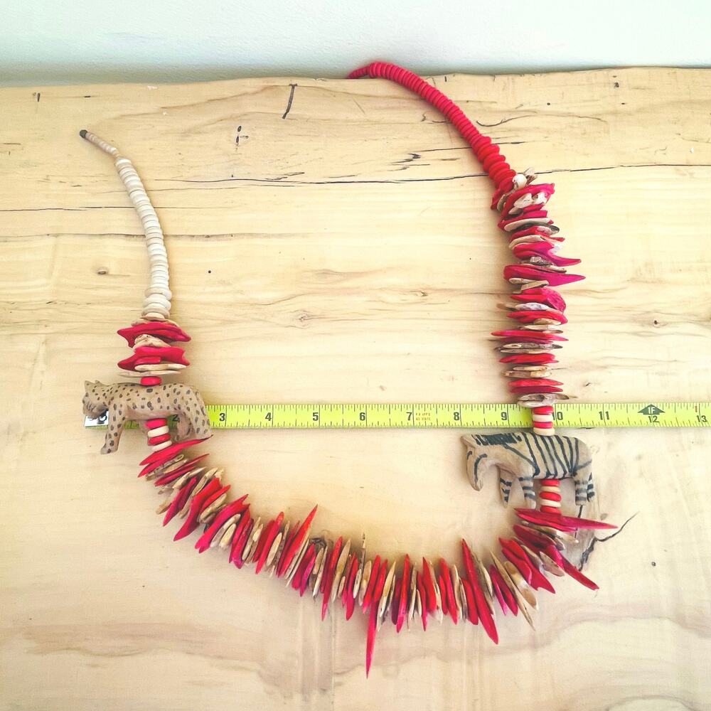 Artisan Safari Wood Carved Wood Cheetah Zebra Disc Necklace African Tribal Boho - Picture 8 of 11